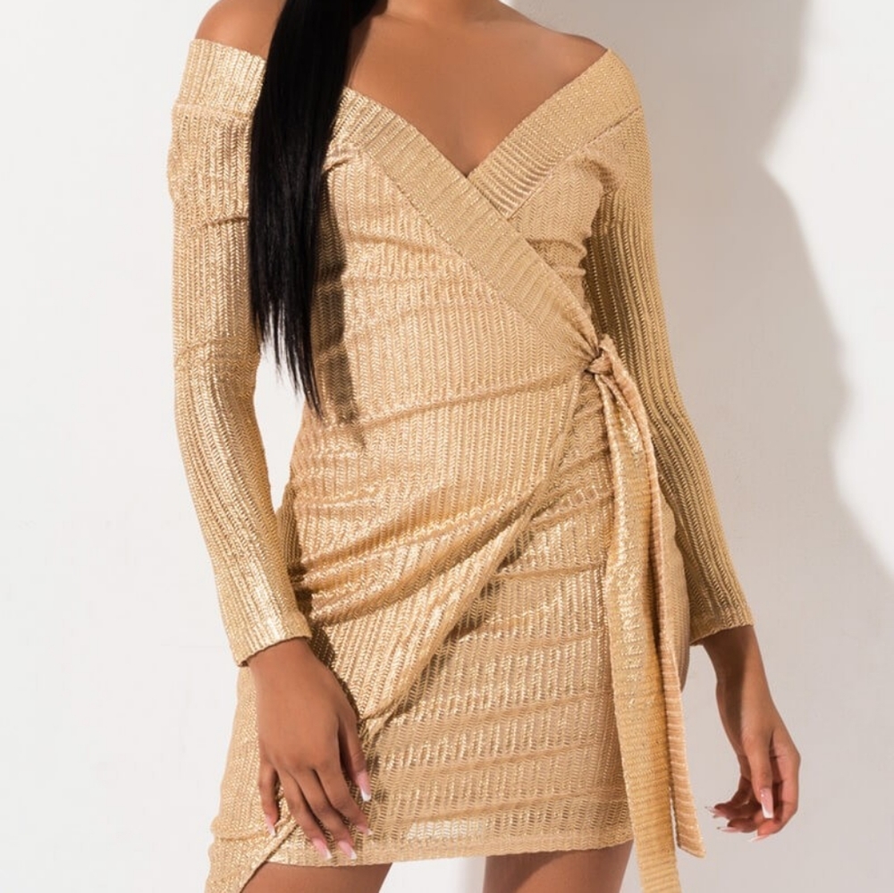Gold off shoulder mini dress